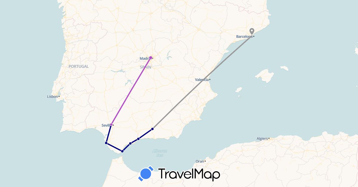 TravelMap itinerary: driving, plane, train in Spain, Gibraltar (Europe)